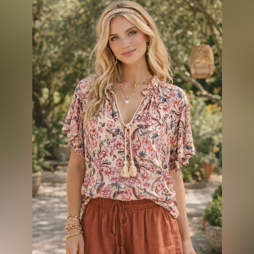 RALPH LAUREN Floral Top Ruffled Short Sleeves Medium Boho Chic Fairy Western
